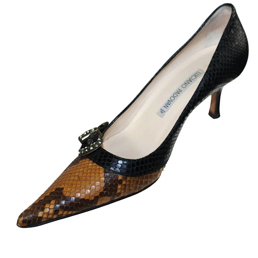 Luciano Padovan Two Tone Black Brown Snakeskin Leather Heel, Size 38 (US 7-7.5)